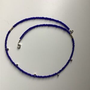Cobalt blue see bead necklace hand beaded with silver drops 17 inch long
